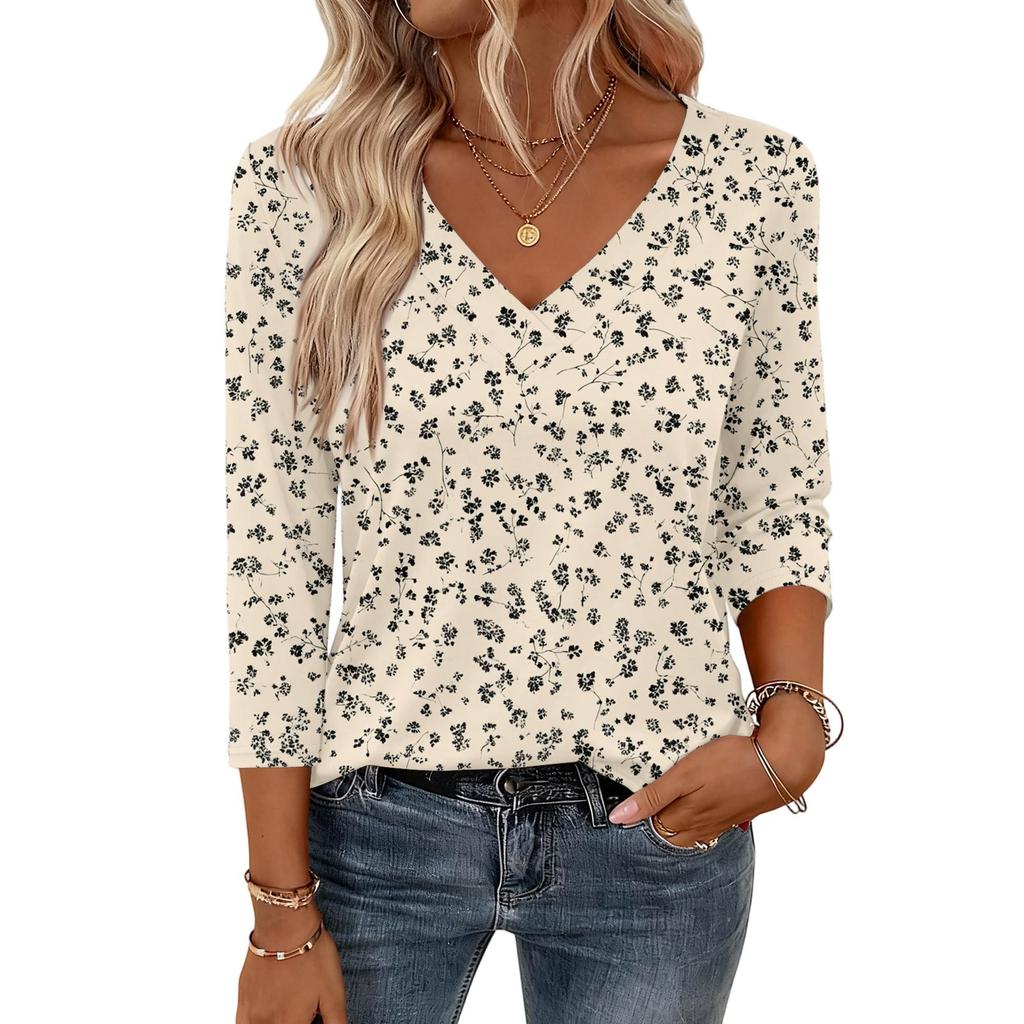 Damenoberteile mit 3/4-Ärmeln V-Ausschnitt Hemd Lässige Bluse Basic T-Shirts