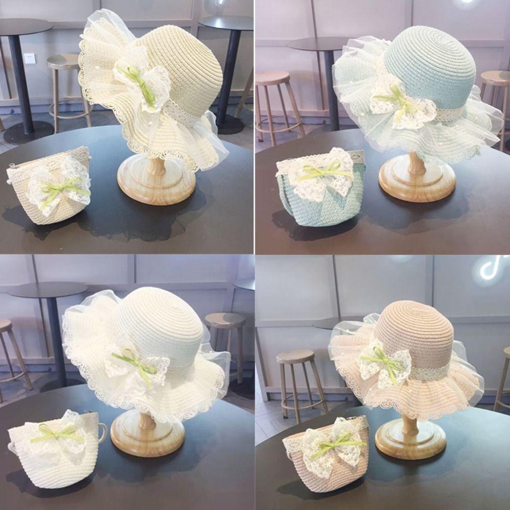 

Straw Children Straw Hat Lace Straw Shoulder Bag New Beach Bucket Cap Beach Blue Bag