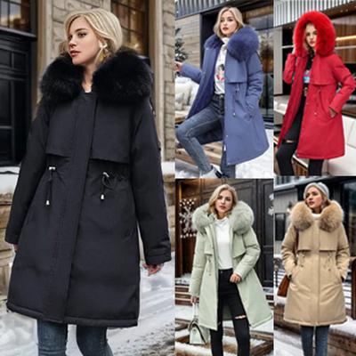 Women Fall Winter Jacket Coat Parka Thicken Cotton Liner Medium Long Hooded Fur Collar Adjustable Waist Solid Color