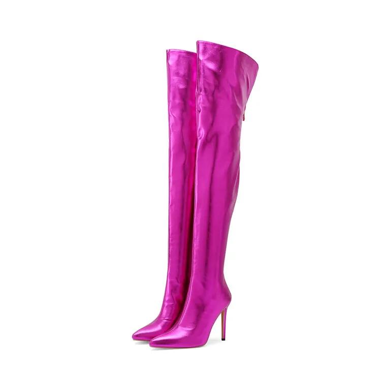 Sexy Silver Gold Rear Zipper Over Knee Boots Women's Pointed High Heels European and American Fashion Long Boots Big Size