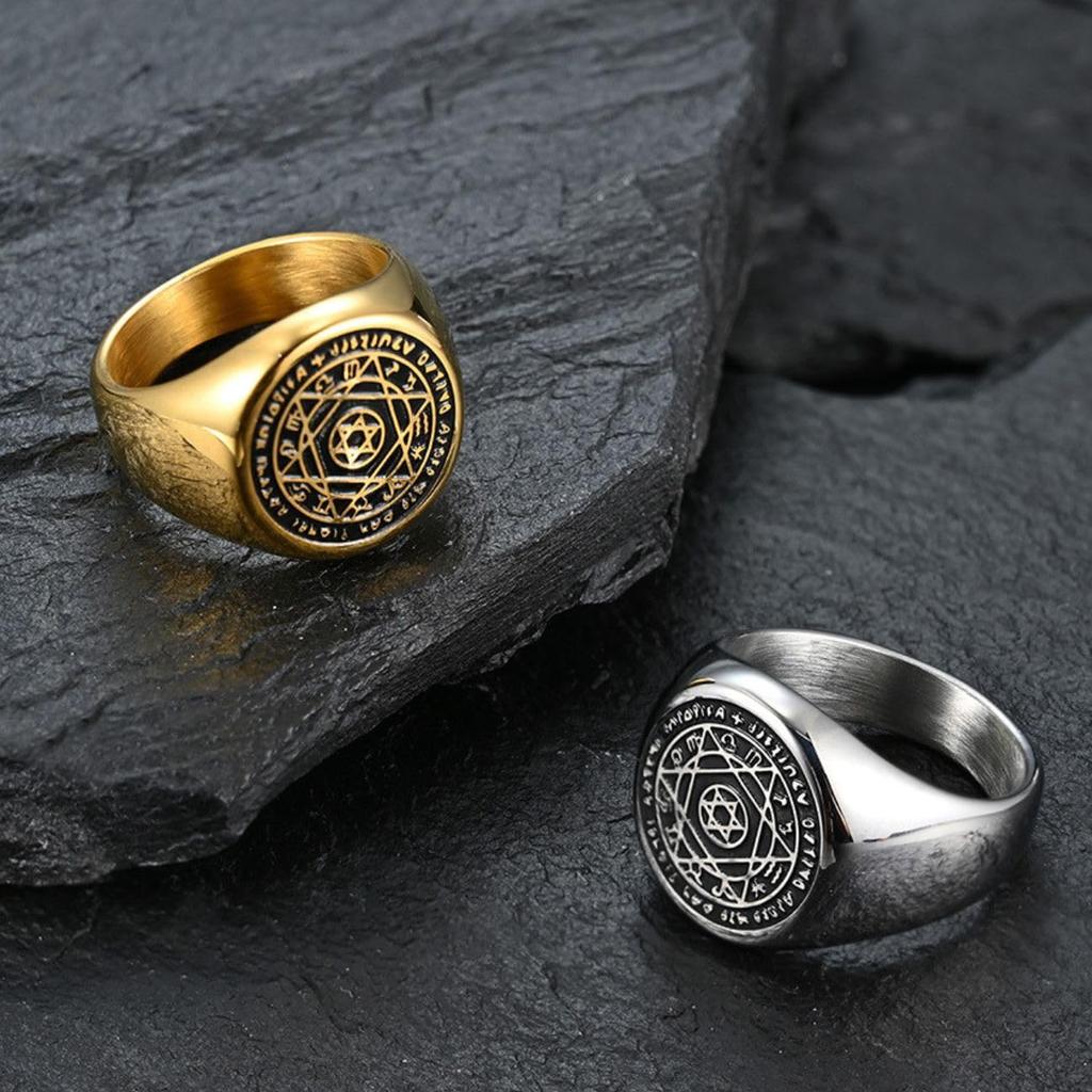 [Magic of Sedona] King Solomon's Magical Signet Ring, Men's Titanium Ring [Gold Color] [Size: US 9-JP 18 (Circumference = 59.4mm, Diameter = 18.9mm)]
