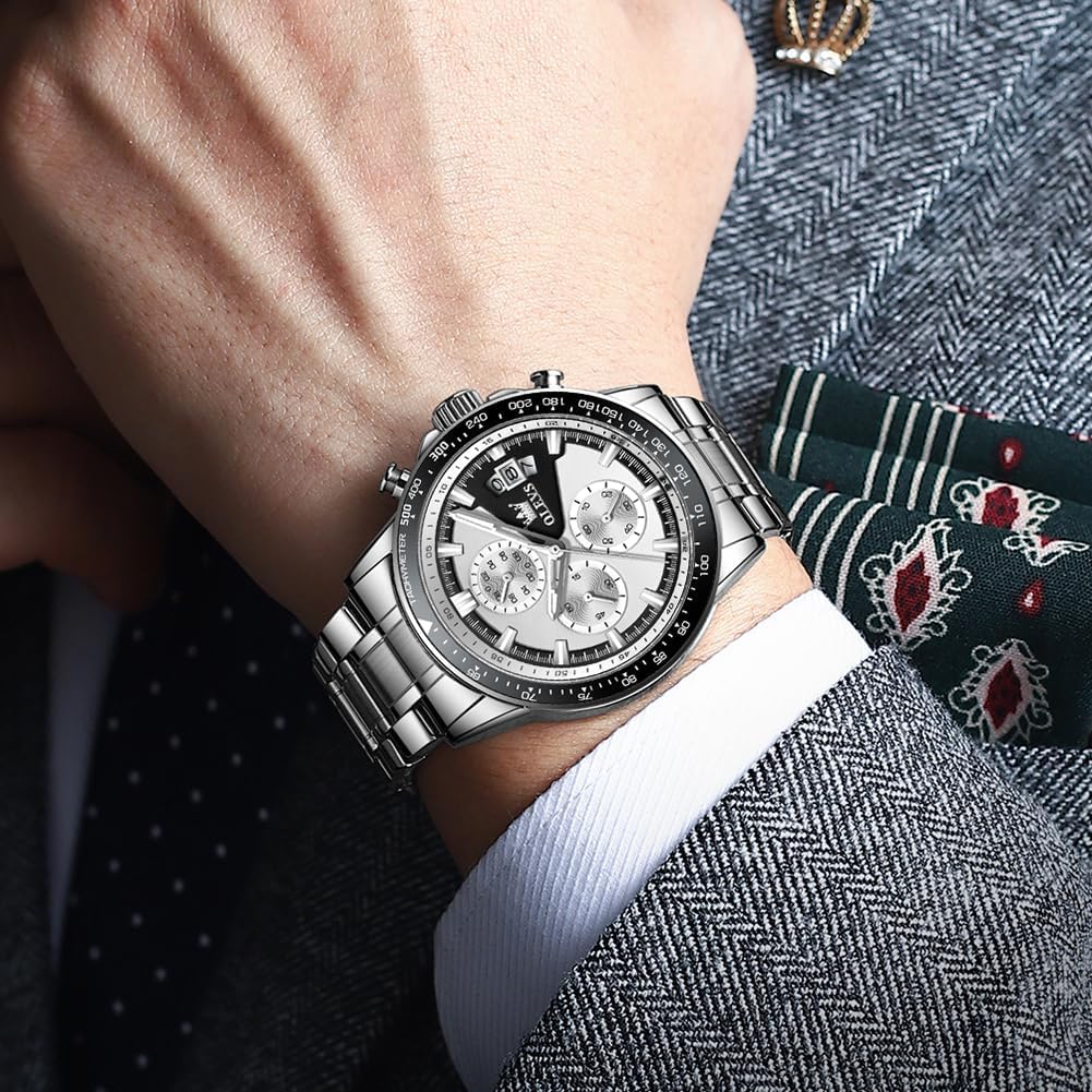 OLEVS Watch Men Quartz Stylish Multifunction Stainless Steel Waterproof Luminous Date Analog Fashion Student Business Watch for Men White