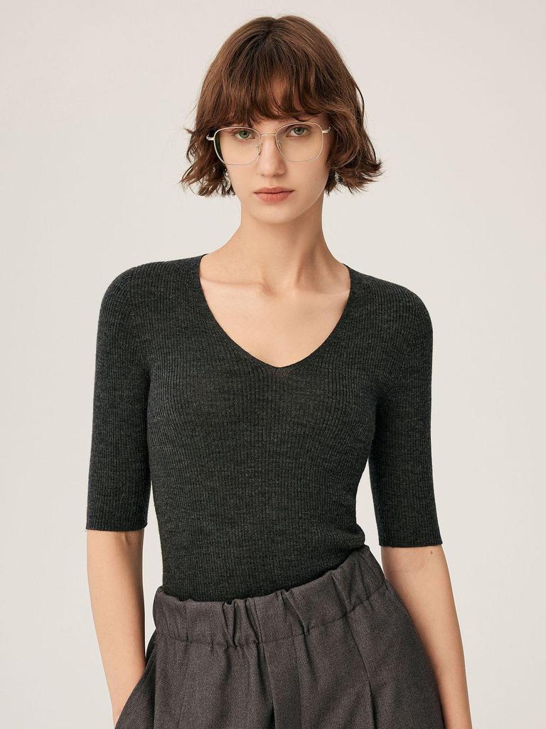 Autumn/Winter 100% Wool V-Neck Sweater Dress with Five-Quarter Sleeves