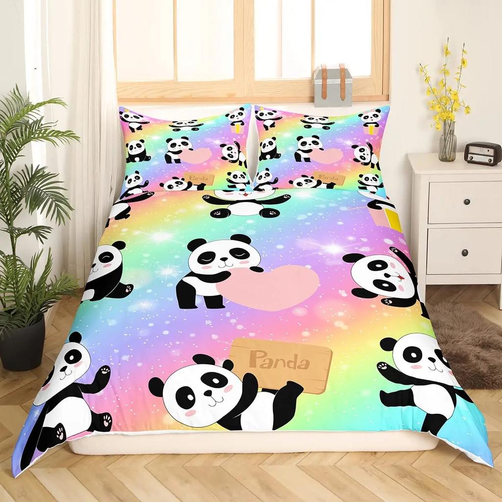 Panda König Komplettes Bettwäscheset Kinder Romantisches Bettwäscheset Cartoon Tier Bettbezug Fahrrad Ballon Libelle Polyester Bettdeckenbezug