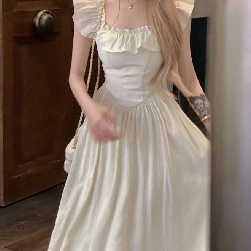 Sweet and Gentle Pink Small Flying Sleeve Dress Women's Summer Lotus Leaf Edge Square Neck Long Dress Waist Temperament a Word Skirt