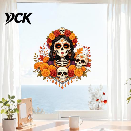 Waterproof PVC Window Murals Day of The Dead Clings, Dia De Los Muertos Sticker, Colorful Removable Holiday Glass Clings Sugar Skull with Flowers
