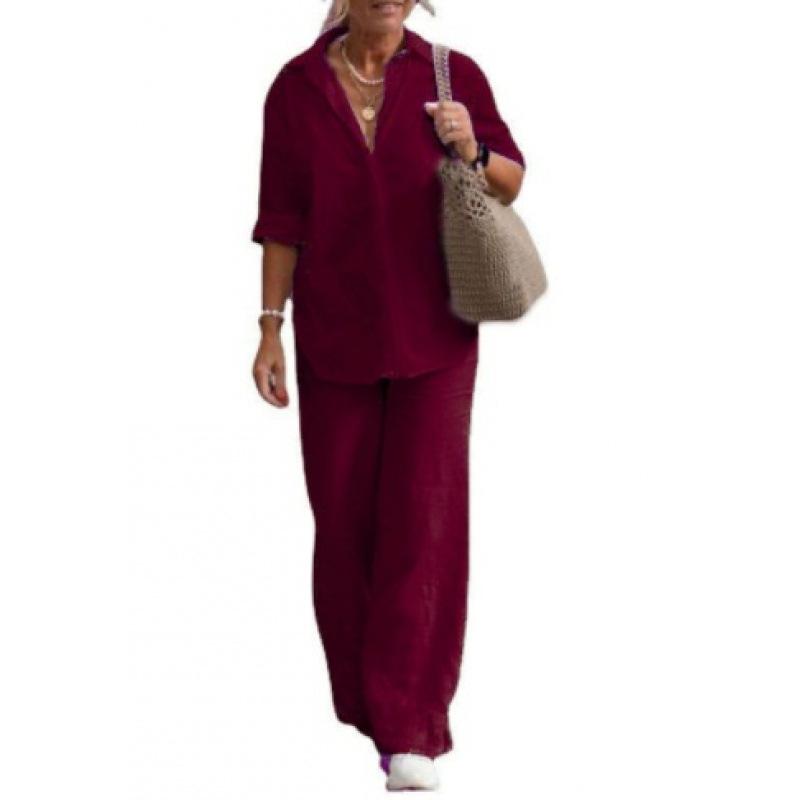 Completo due pezzi da donna per l'estate Taglie forti Cotone Lino Camicia monopetto Pantaloni Casual Top Ampio Gamba Pantaloni larghi Completi comodi