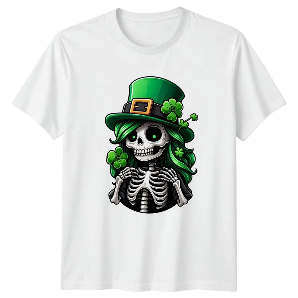 Gothic Skeleton Leprechaun Girl Clover Unisexs TShirt Novelty Horror St Patricks S