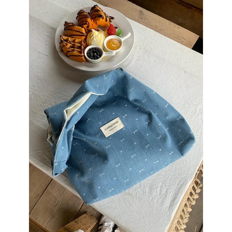 Sweet Bow Love College Girls Denim Shoulder Bags Large Capacity Portable Women's Canvas Vest Handbags Ladies Casual Tote Bags