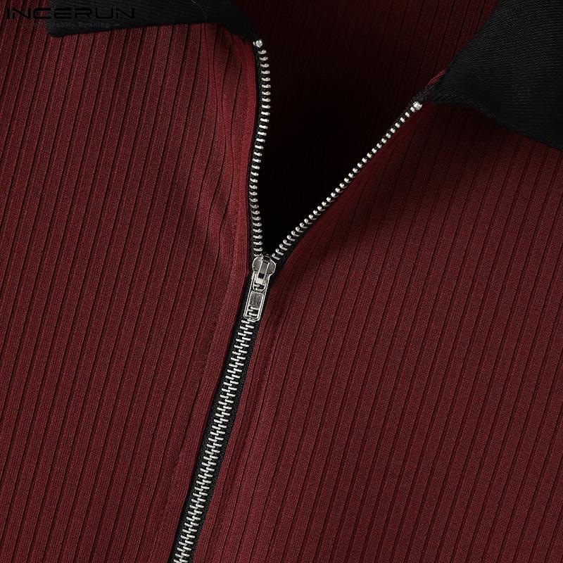 INCERUN Men Lapel Neck Stitching Short Sleeve Zipper Splits Fitted Casual Tops T-shirts