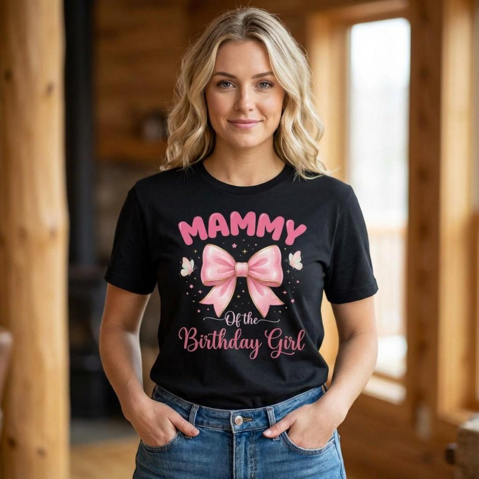 Mammy Birthday Girl Matching Coquette Pink Bow T-Shirt; Family Matching Birthday Tee; Coquette Bow Graphic Top 4XL
