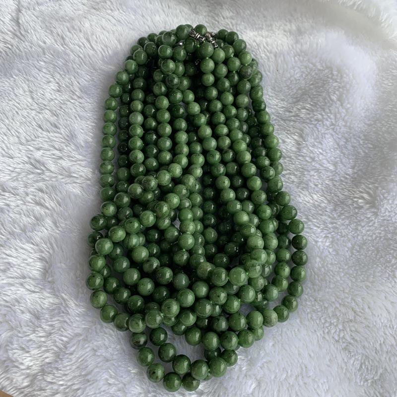 Natural Hetian Jade Jasper Necklace with Round Beads in Cabbage Green - 10mm
