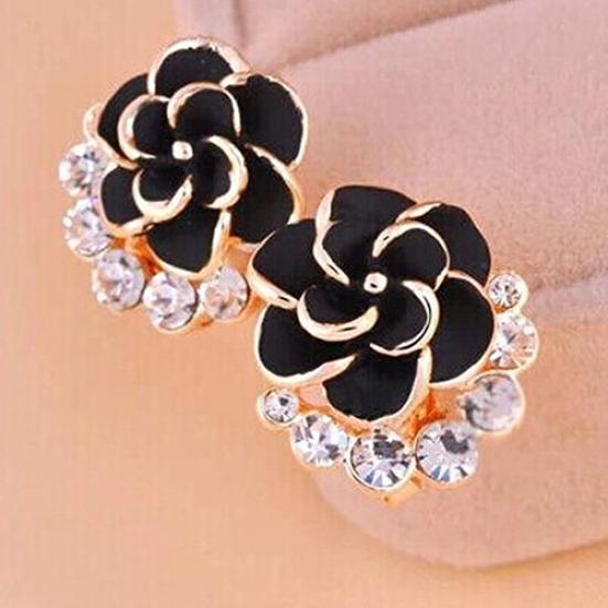 Women Peony Camellia Flower Rhinestones Alloy Ear Stud Earrings Party Jewelry