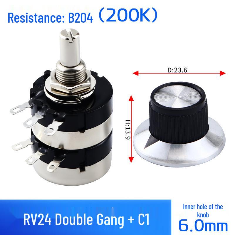 Dual-Gang Carbon Film Potentiometer: RV24YG20S, Variable Frequency Speed Control with B102/202/502 Knob Scale, Available In 5K/20K Ohm.