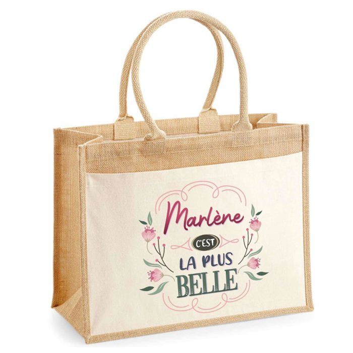 Cabas jute avec poche Marlène la plus belle | Sac de shopping et courses réutilisable Cadeau Fête des Mères Anniversaire Soeur Noël