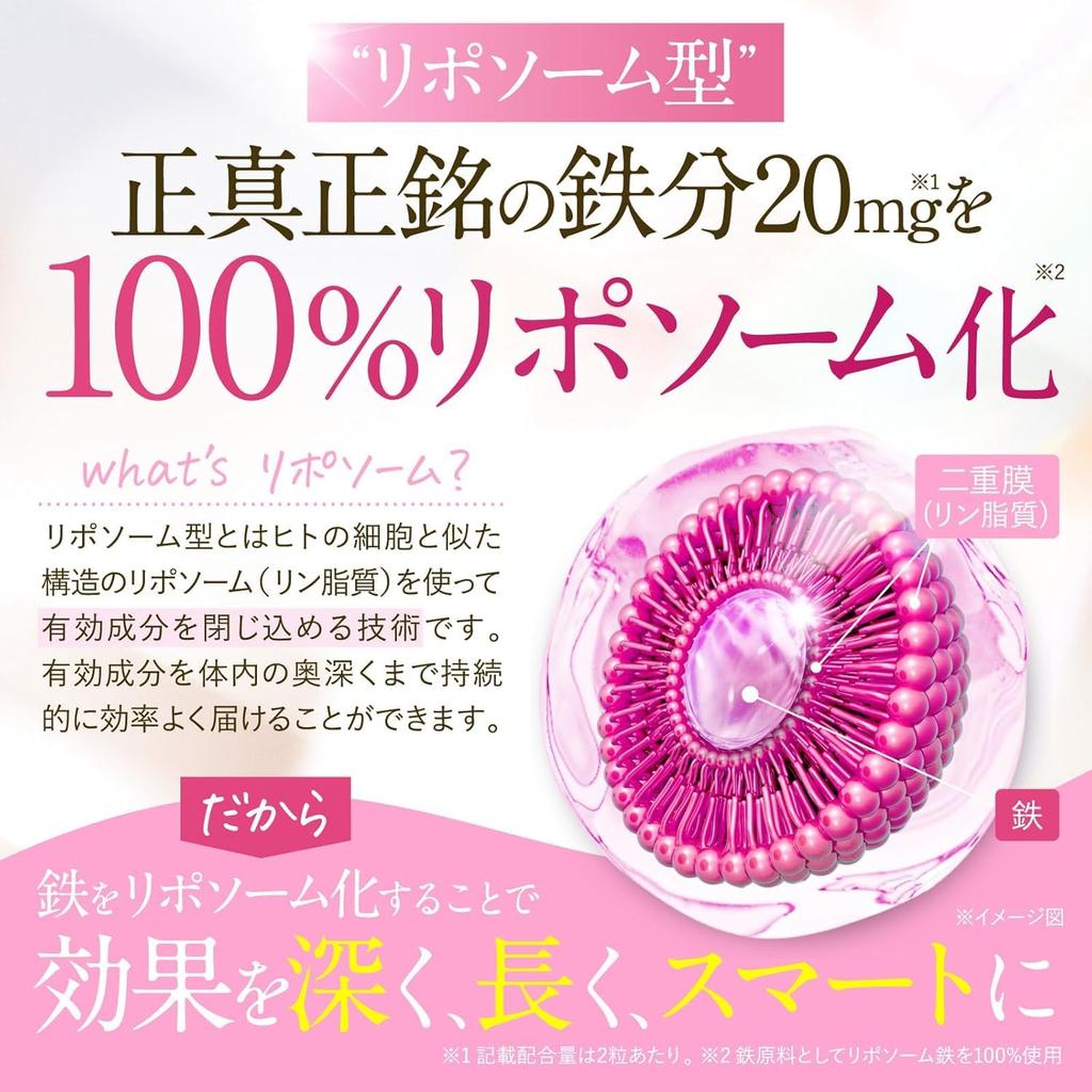 Liposomal Iron 20mg + Multivitamins (12 types): Aloe Vera, Lysine, NMN, Hyaluronic Acid, Astaxanthin. (Shin Nippon Health, 60-day supply)