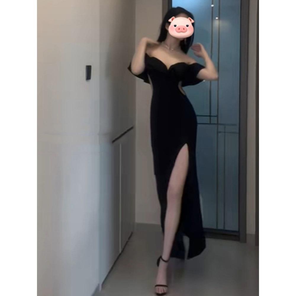 Temperament One-word Shoulder Dress Ruffle Edge Split Engagement Evening Dress Dress Niche High-end
