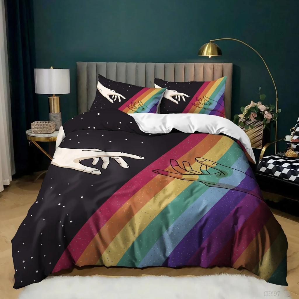 Regenbogen-Bettbezug, KingQueen-Size, LGBT, abstraktes Regenbogen-Herz-Bettwäscheset für Mädchen und Frauen, bunte Linien, weicher Bettbezug