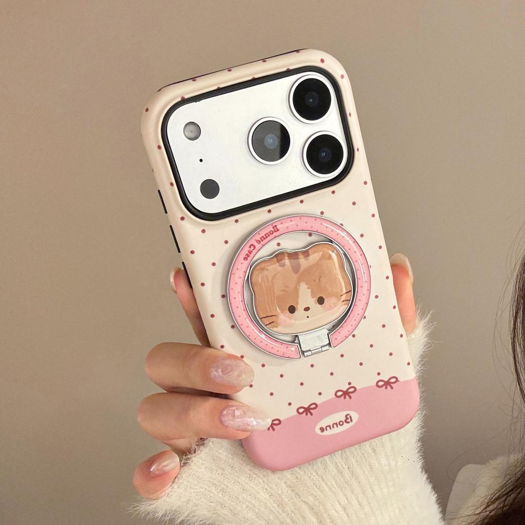 Cute Cream Polka Dot Case Suitable for Apple 17 Pro Max, iPhone 16, Small Animal 13, Magnetic Stand 15