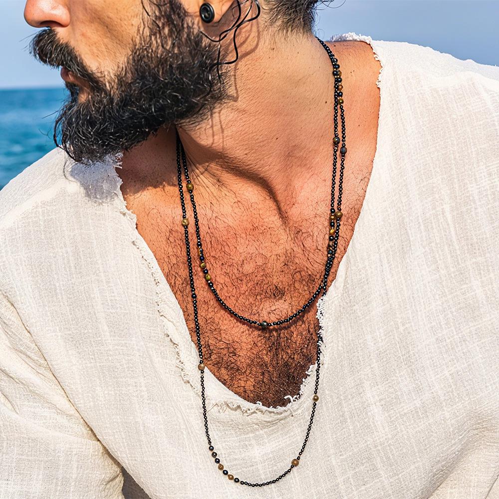 Colier Retro Lung pentru Bărbați cu Mărgele de Agat Negru și Ochi de Tigru