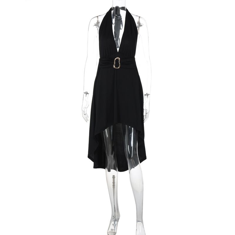 

European and American Women s Clothing 2025 Summer Fashion Sexy V-neck Lace-up Mid Waist Metal Buckle Backless Dress Black S