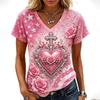 Women's Casual Short Sleeve V-Neck Top with Breast Print