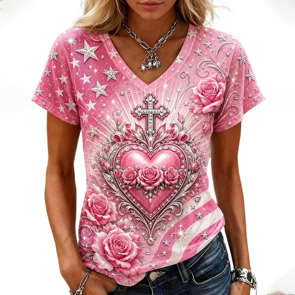 Women's Casual Short Sleeve V-Neck Top with Breast Print