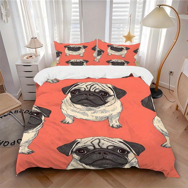 3Pcs Pug Pattern Printed Bedding Set, Breathable And Soft, Machine Washable, Christmas Gift, Suitable for Bedroom Decoration, 15152