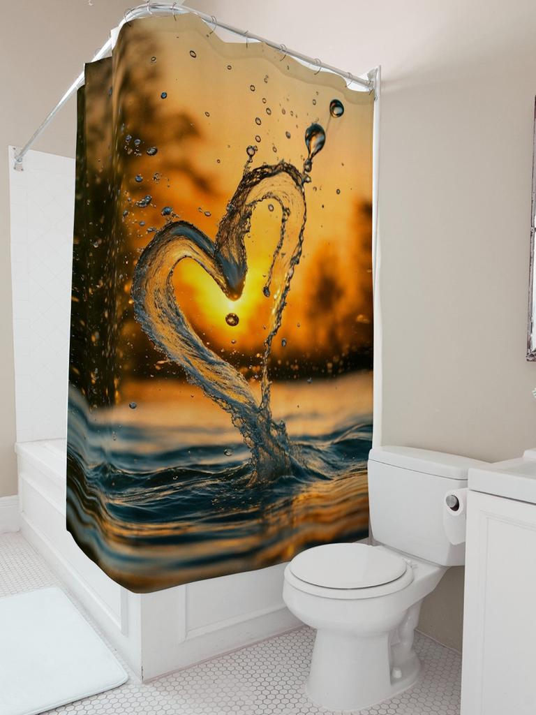 3D Water Heart Shower Curtain | Romantic Sunset Bathroom Decor