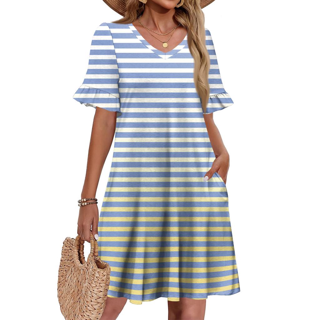 Damen A-Linie Sommerkleid Kurzarm V-Ausschnitt Bedrucktes Kleid Mit Taschen