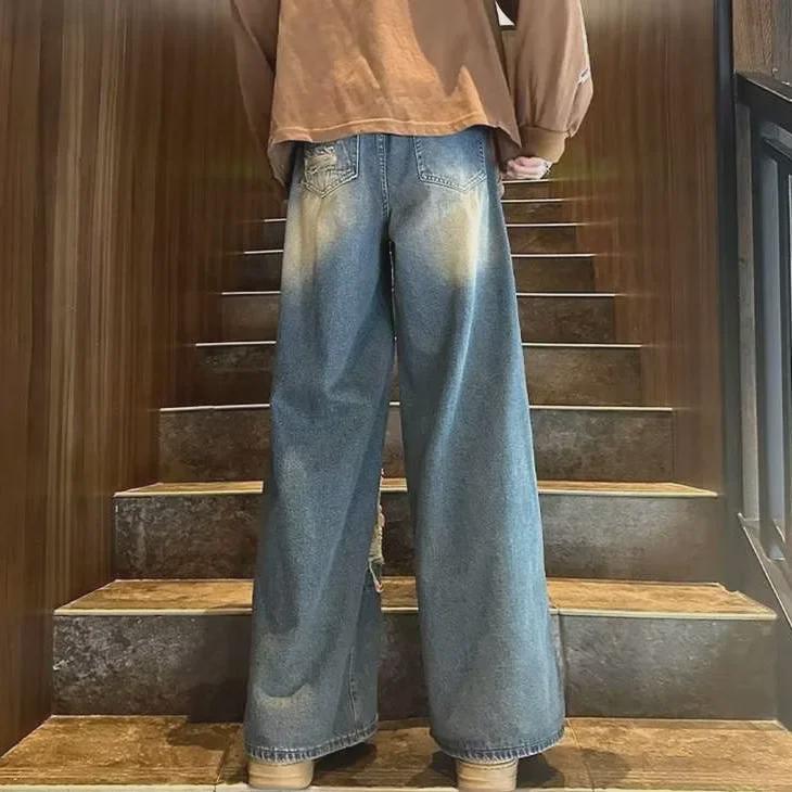 Men's Retro Wide-Leg Ripped Jeans: Spring/Autumn, High Street Casual Trousers