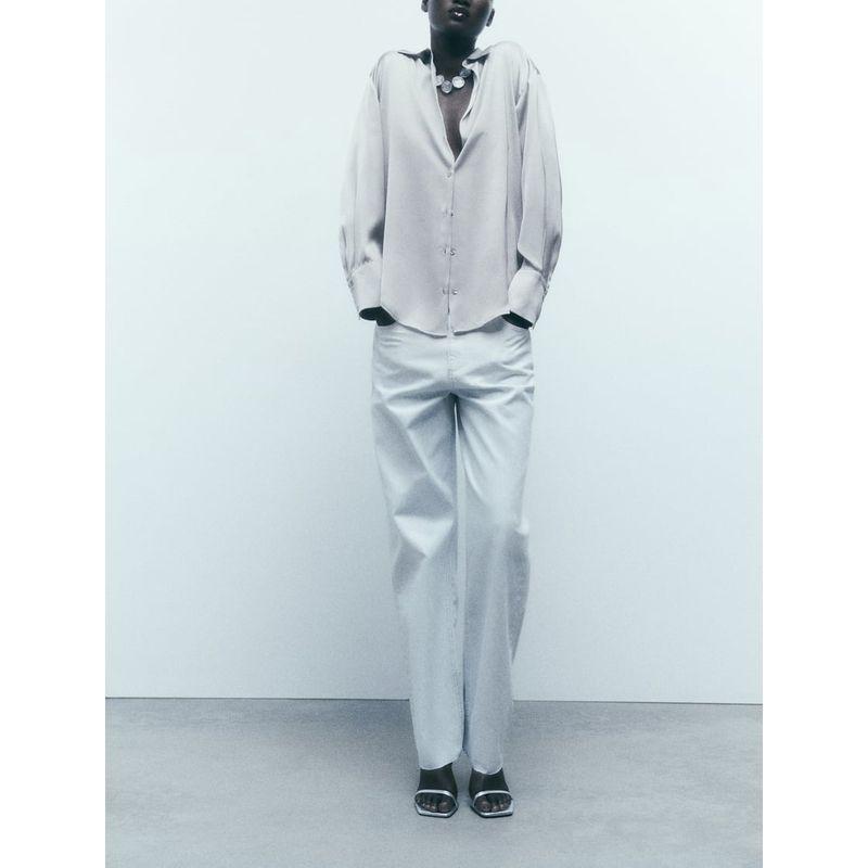 Loose Long Sleeves Single-Breasted Silk Satin Texture Drape Shirt