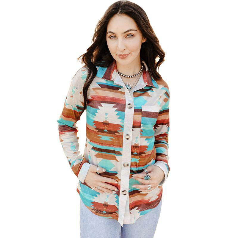 

American Shiying Fall and Winter New Arrival Color Matching Geometric Print Shirt Women 2025 Stylish Single Breasted Knit Shirt Color 2XL code fits (75.00 kg-82.50 kg