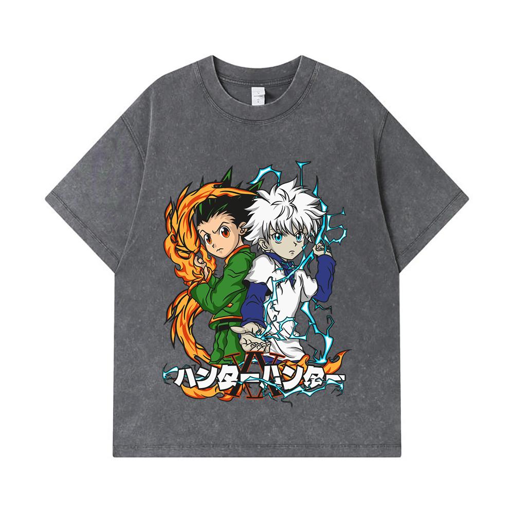275 GSM Washed T-shirts 100% Cotton HXH V7 Gon Killua Print Unisex Heavy Cotton T Shirt