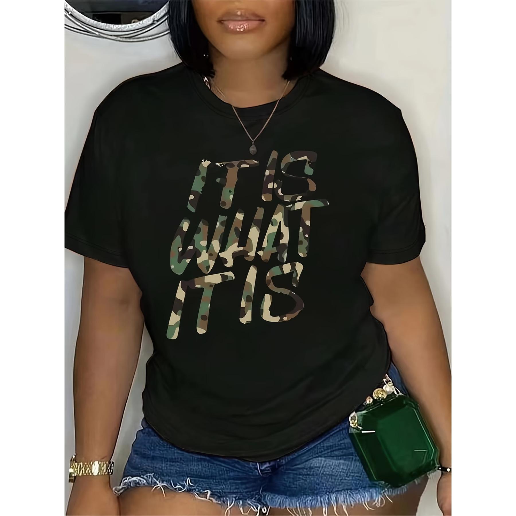 Женская яркая камуфляжная футболка с графическим принтом  Как есть  - Свободный крой, короткий рукав, круглый вырез S чёрный
