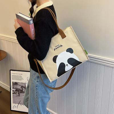 Large Capacity Canvas Tote Bag Student Handbag Cute Panda Print Shoulder Bag Women's Leisure Commuter Bag