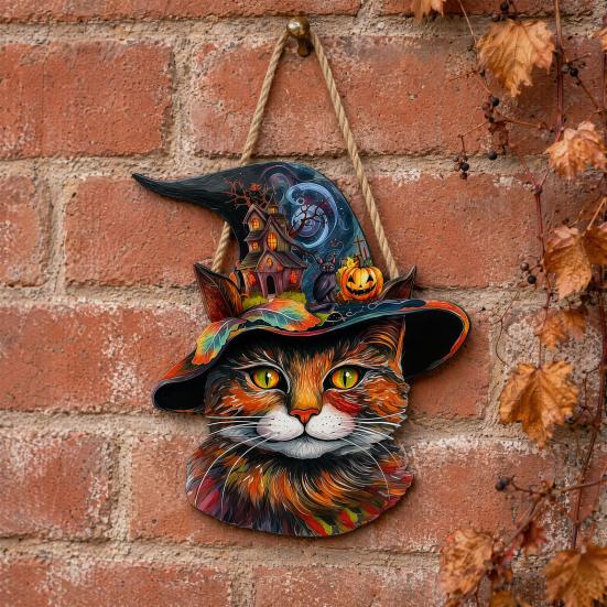 Halloween Wall Decor Wooden Hanging Door Sign, Cute Painted Cat Welcome Ornament with Witch Hat Haunted Sign House Pumpkin, Rustic for Front