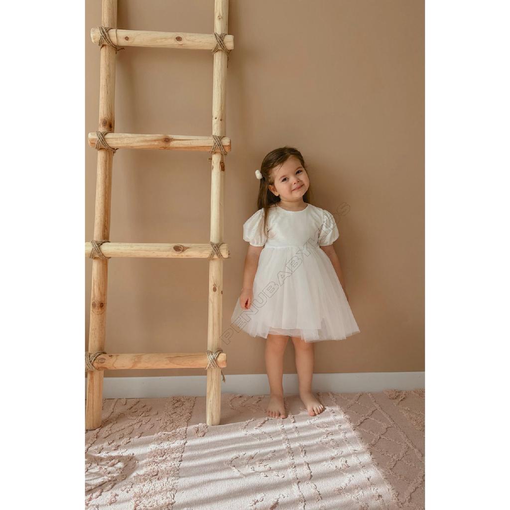 Rosa kurze Ballon-Stoffärmel, detailliertes Tutu-Tutu-Kleid für Babymädchen