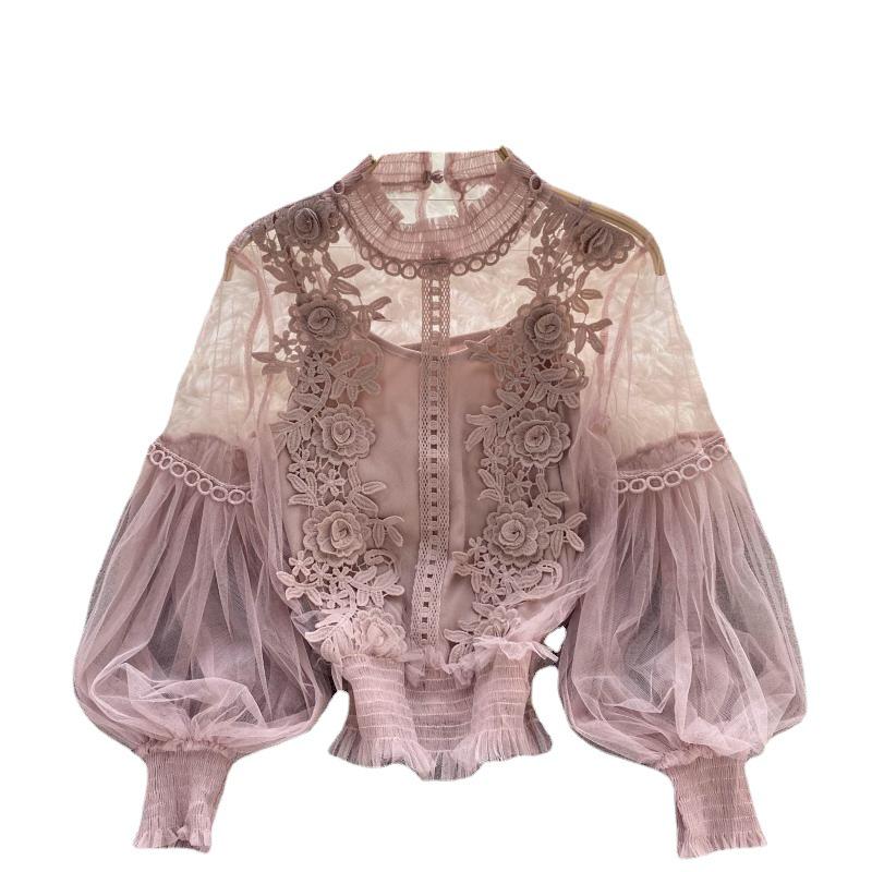 Niche 3D Flower Patchwork Mesh Lantern Sleeve Slim Fit Lace Top for Women
