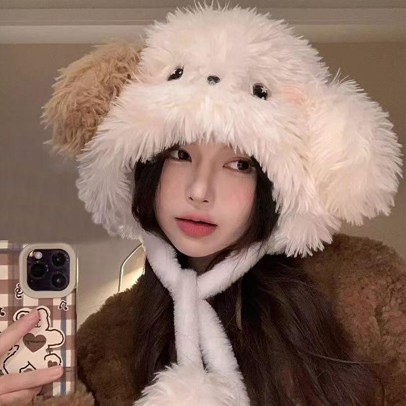 Urocza dwukolorowa pluszowa czapka szczeniaka z rumieńcami i nausznikami dla studentek