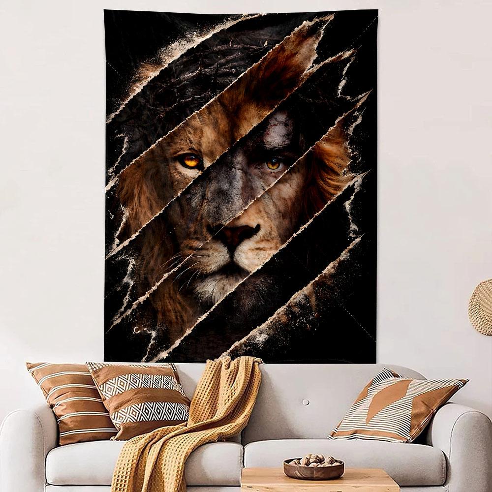 Lion and Human Duality with Thorn Crown Patterned Tapestry Decorative Wall Hanging, Home Bedroom Living Room Decor
