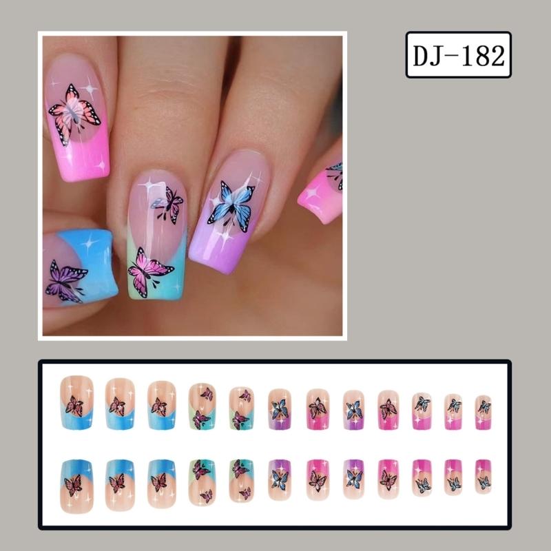 Glossy False Nail Square Stick on Nail with Butterfly Full Cover Artificial Nail Press on Nail For Various Occasion