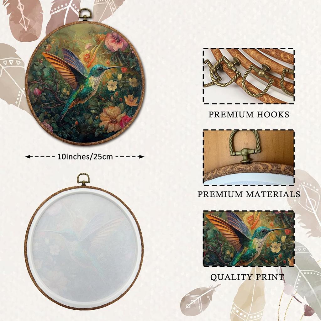 DEQSX Vintage Floral Hummingbird Round Wall Art, Rustic Nature Cottagecore Flower Botanical Bird Wall Decor Canvas Prints Posters for Home Bedroom