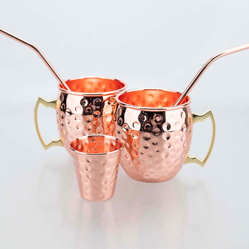 Moscow Mule Mug Set with Straw Copper Plated Hammered 350ml - 304 Stainless Steel Mini Cups with Gift Box for Bar and Home