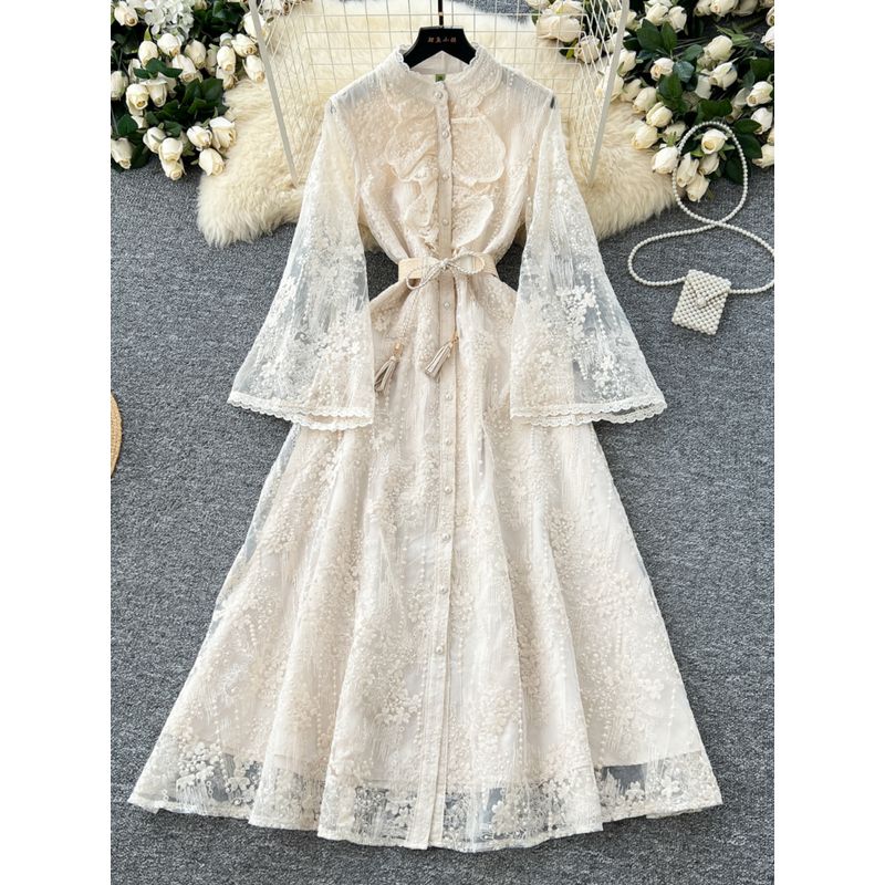 French style Elegant Heavy Industry Crochet Embroidery Waist Hugging Stand Collar Single-Breasted Wooden Ear Patchwork Bell Sleeve Long Dress