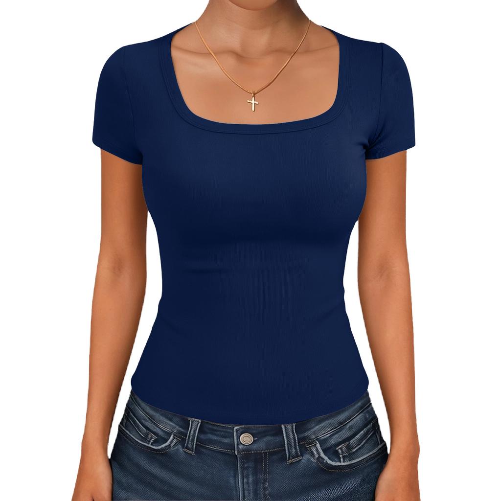 Dámske módne základné štvorcový výstrih krátky rukáv tričko top