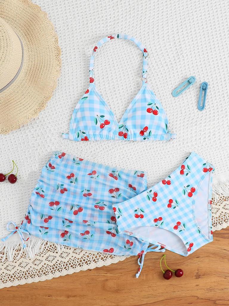 2025 Cute Girls' Three-Piece Bikini Swimsuit with Chest Pads for Middle and Older Children
