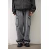 Wide-leg tooling jeans men's summer trendy brand big pocket loose pants washed retro high street mopping trousers