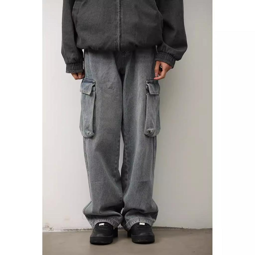 Wide-leg tooling jeans men's summer trendy brand big pocket loose pants washed retro high street mopping trousers
