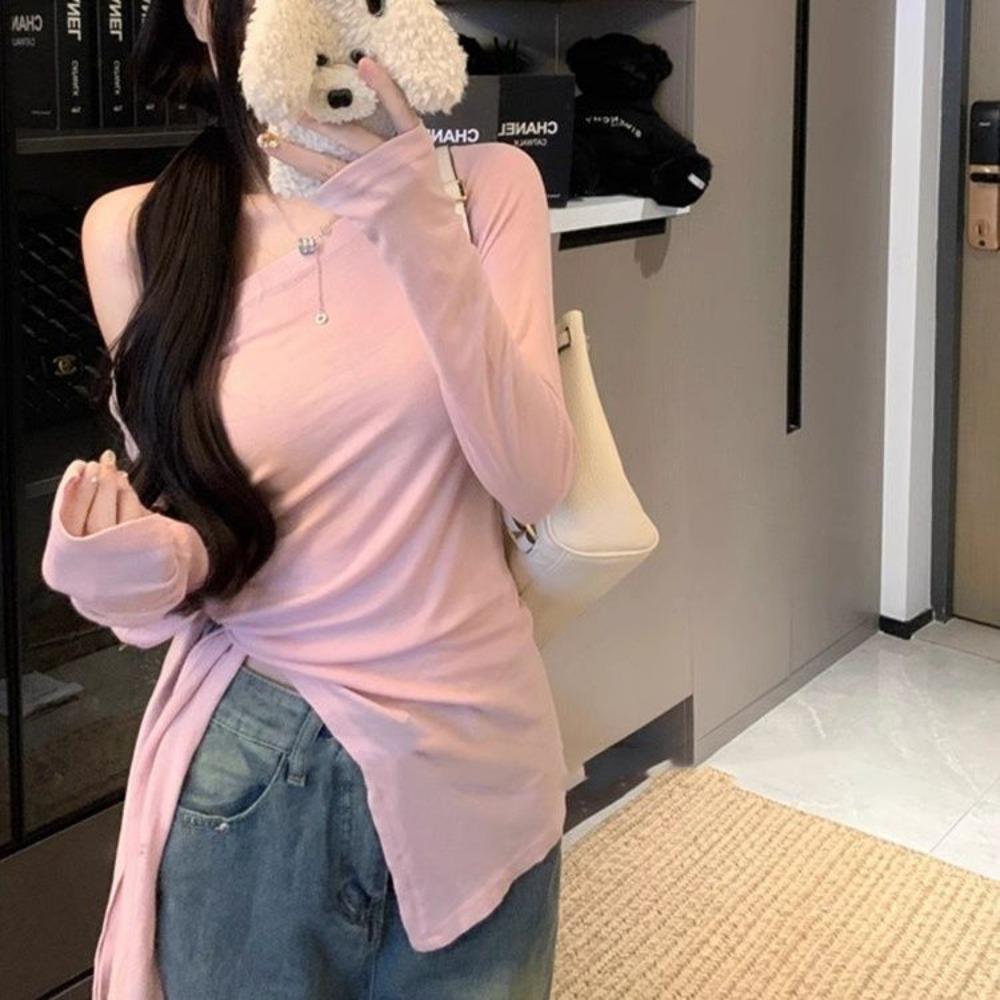 

Топ на одно плечо с закрытой талией для женщин на весну и осень, новая нишевая базовая рубашка-топ XL розовый